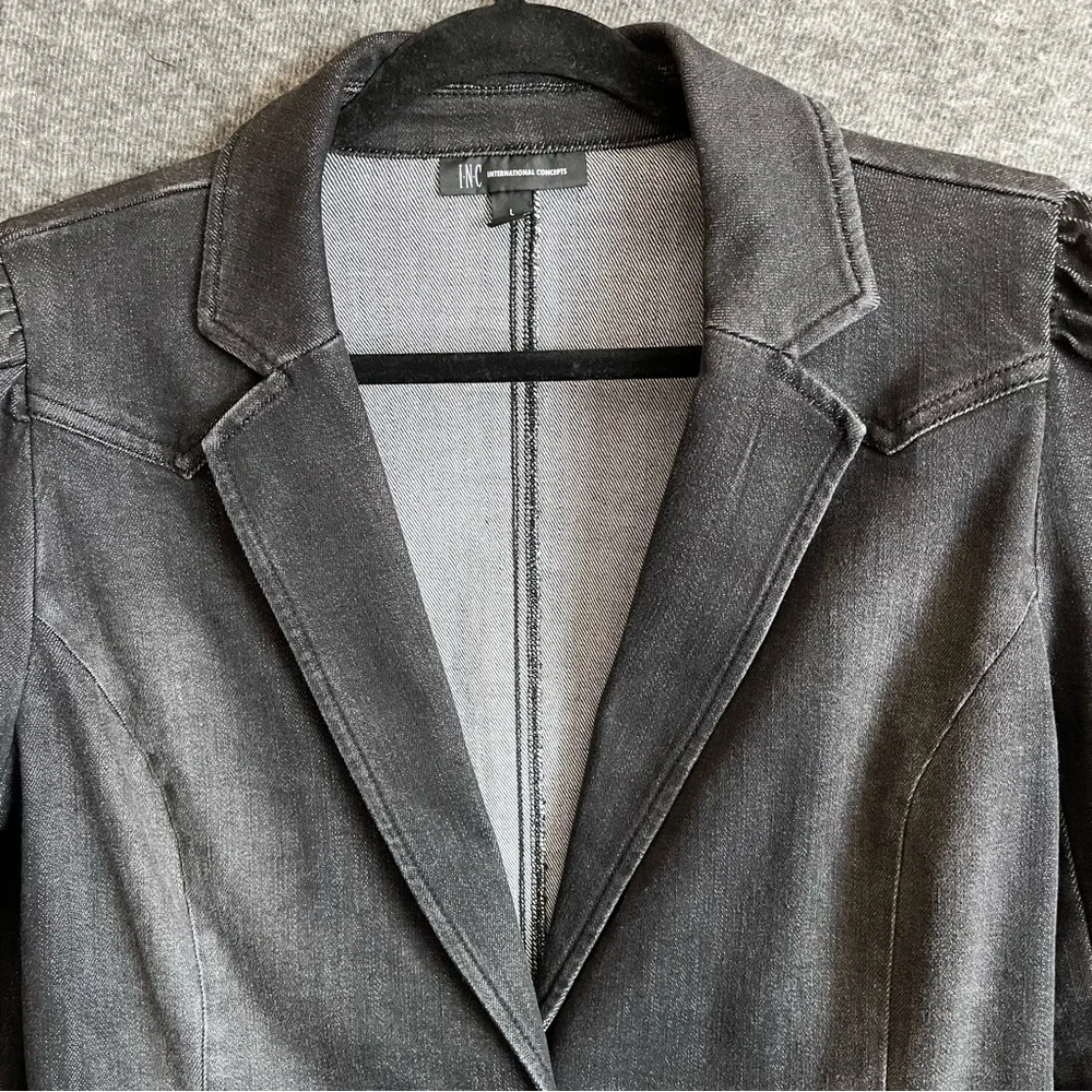 I.N.C. International Concepts Black Puff Sleeves Denim Jean Jacket Blazer